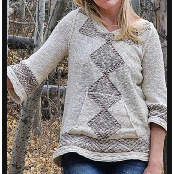 Free People Hooded Knit Sweater With Geometric Pattern Beige/Brown - Picture 1 of 10